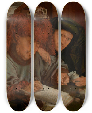 Triptych art skateboard deck of Marinus Van Reymerswale The City Tax Collector by Marinus Van Reymerswale (1490-1546) Triptych art skateboard deck of Marinus Van Reymerswale The City Tax Collector by Marinus Van Reymerswale (1490-1546)