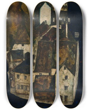 Triptych art skateboard deck of Egon Schiele Dead City Iii City On The Blue River Iii by Egon Schiele (1890-1918)