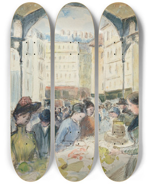 Triptych art skateboard deck of Camille Pissarro Les Halles Centrales Le March Aux Lgumes by Camille Pissarro (1830-1903)