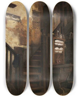 Triptych art skateboard deck of Johann Sperl Stiegenaufgang by Johann Sperl (1840-1914)