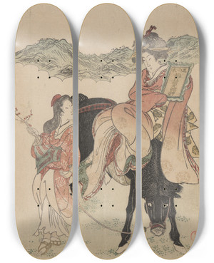 Triptych art skateboard deck of Katsukawa Shunch Woman On Horse With An Attendant by Katsukawa Shuncho (1783-1795)