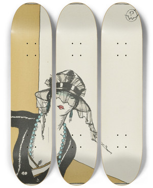 Triptych art skateboard deck of Porter Woodruff Bonjour Chapeau De Camille Roger by Porter Woodruff (1894-1959)