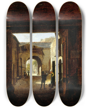 Triptych art skateboard deck of Etienne Bouhot Cour Dune Maison De Roulage Rue Saintdenis Dite Cour Saintecatherine by Etienne Bouhot (1780-1862)