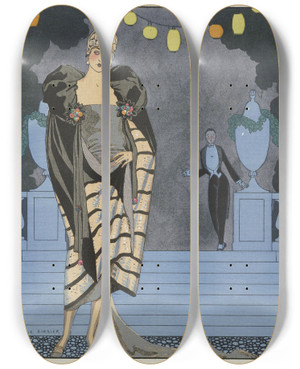 Triptych art skateboard deck of George Barbier Evening Attire_2 by George Barbier (1882-1932)