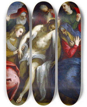 Triptych art skateboard deck of Jacopo Palma Il Giovane Lamentation by Jacopo Palma Il Giovane (1548-1628)