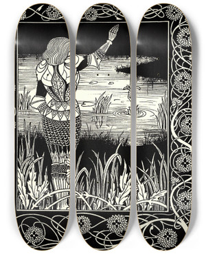 Triptych art skateboard deck of Aubrey Vincent Beardsley Excalibur In The Lake by Aubrey Vincent Beardsley (1872-1898)