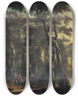Triptych art skateboard deck of Jan Hackaert Hunters In The Woods by Jan Hackaert (1629-1700)