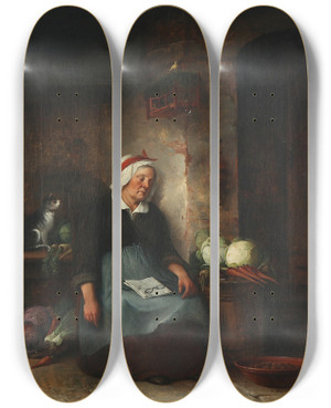 Triptych art skateboard deck of Christian Andreas Schleisner Interir Med En Sovende Kone by Christian Andreas Schleisner (1810-1882)