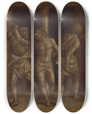 Triptych art skateboard deck of Bernardino Lanino The Flagellation by Bernardino Lanino (1512-1582) Triptych art skateboard deck of Bernardino Lanino The Flagellation by Bernardino Lanino (1512-1582)