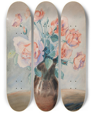 Triptych art skateboard deck of Jadwiga Gazowska Roses In A Vase by Jadwiga Galezowska (1876-1948)