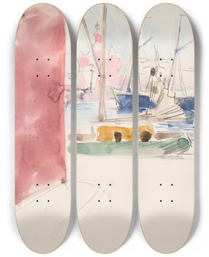 Triptych art skateboard deck of Akseli Gallenkallela Ships In The South Harbor Sketch by Akseli Gallen Kallela (1865-1931)