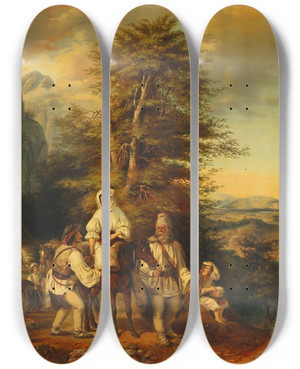 Triptych art skateboard deck of Mikls Barabs Romanian Family On Their Way To Market by Miklos Barabas (1810-1898)
