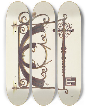 Triptych art skateboard deck of Joseph L Boyd Locksmiths Sign by Joseph L Boyd (20-)