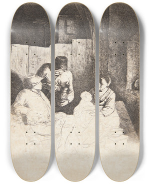 Triptych art skateboard deck of Cornelis Pietersz Bega En Mor Med Sit Barn I En Krostue by Cornelis Pietersz Bega (1631-1664)