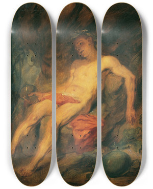 Triptych art skateboard deck of Hans Canon Drunk Bacchus by Hans Canon (1829-1885)