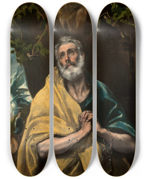 Triptych art skateboard deck of El Greco Domenikos Theotokopoulos Saint Peter In Tears by El Greco Domenikos Theotokopoulos (1540-1614)