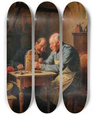 Triptych art skateboard deck of Friedrich Friedlnder A Difficult Problem by Friedrich Friedlander (1825-1901)