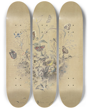 Triptych art skateboard deck of Johann Esaias Nilson Rocailleornament Mit Einer Kalla Und Anderen Blumen Schmetterlingen Wie Perlmutterfalter Pfauenauge Und Segelfalter Sowie Libellen Und Einer Raubmcke by Johann Esaias Nilson (1721-1788)