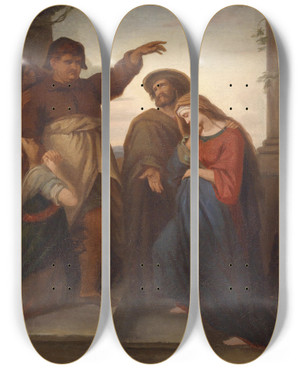 Triptych art skateboard deck of Carl Rahl Herbergssuche by Carl Rahl (1812-1865)
