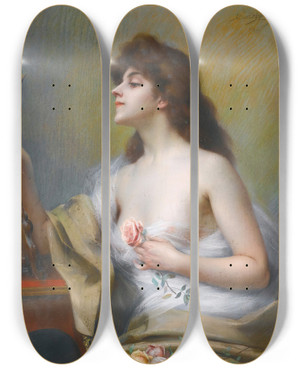 Triptych art skateboard deck of Delphin Enjolras Girl With A Rose by Delphin Enjolras (1857-1945)