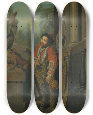 Triptych art skateboard deck of Jan Josef Horemans The Elder An Elegant Turkish Gentleman At A Balustrade by Jan Josef Horemans The Elder (1682-1759)