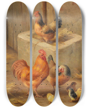 Triptych art skateboard deck of Edgar Hunt Farmyard Family by Edgar Hunt (1876-1953)