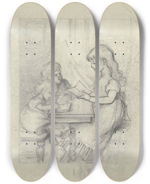 Triptych art skateboard deck of Otto Scholderer Gespielte Schulszene_1 by Otto Scholderer (1834-1902)