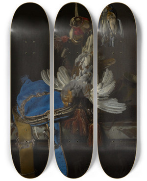 Triptych art skateboard deck of Willem Van Aelst Hunt Still Life With A Velvet Bag On A Marble Ledge by Willem van Aelst (1627-1683)