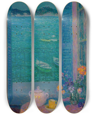 Triptych art skateboard deck of Henri Le Sidaner Le Bouquet La Fentre Villefranchesurmer by Henri Le Sidaner (1862-1939)