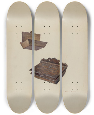 Triptych art skateboard deck of Stanley Mazur Iron Match Safe by Stanley Mazur
