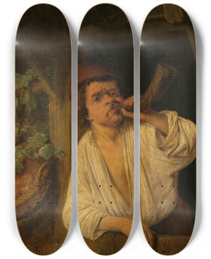 Triptych art skateboard deck of Adriaen Van Ostade A Baker Sounding His Horn by Adriaen Van Ostade (1610-1684)
