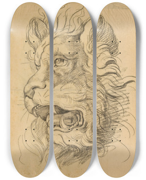Triptych art skateboard deck of David Humbert De Superville Head Of A Roaring Lion by David Humbert De Superville (1770-1849)
