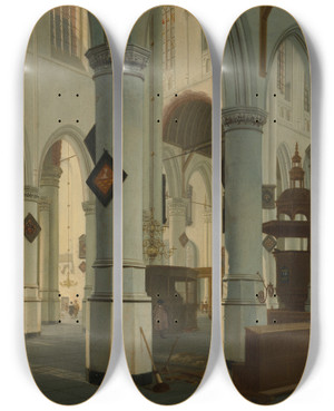 Triptych art skateboard deck of Hendrick Cornelisz Van Vliet Interior Of The Oude Kerk Delft by Hendrick Cornelisz. van Vliet (1611-1675)