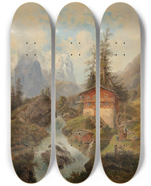 Triptych art skateboard deck of Gustav Barbarini Das Wetterhorn by Gustav Barbarini (1840-1909)