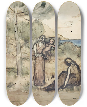 Triptych art skateboard deck of Pierre Puvis De Chavannes Fishermans Family by Pierre Puvis De Chavannes (1824-1898)