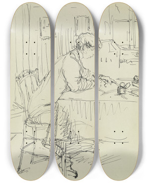 Triptych art skateboard deck of Gustav Schraegle Writing Girl by Gustav Schraegle (1867-1925)