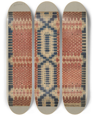 Triptych art skateboard deck of Willoughby Ions Coverlet by Willoughby Ions
