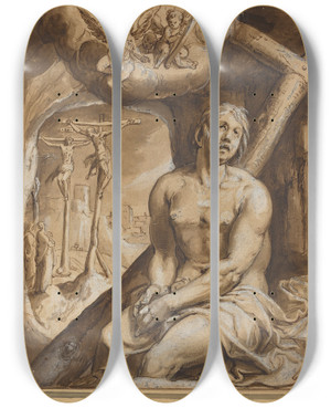 Triptych art skateboard deck of Karel Van Mander The Good Thief by Karel Van Mander (1548-1606)