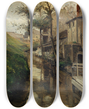 Triptych art skateboard deck of Germain Eugne Bonneton La Bivre Rue Vulpian by Germain Eugene Bonneton (1874-1915)