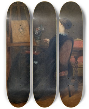 Triptych art skateboard deck of Armand Cambon Etude De Fleurs Flower Study by Armand Cambon (1819-1885)