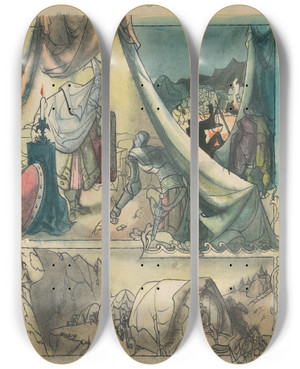 Triptych art skateboard deck of Jn Novk Study For A Slovak Fairytale Iv by Jan Novak (1921-1944)
