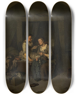 Triptych art skateboard deck of Cornelis Pietersz Bega Two Maids Drinking And Smoking by Cornelis Pietersz Bega (1631-1664)