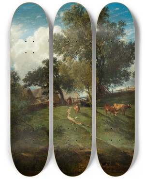 Triptych art skateboard deck of Emile Charles Lambinet A Landscape by Emile Charles Lambinet (1815-1877)
