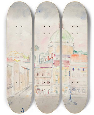 Triptych art skateboard deck of Ivan Ivanec Widok Na Fragment Rynku I Koci Dominikanw by Ivan Ivanec (1893-1946)