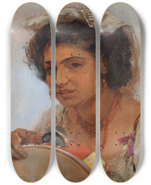 Triptych art skateboard deck of Anton Romako Italienisches Mdchen Mit Kopftuch Und Tamburin by Anton Romako (1832-1889)