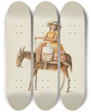 Triptych art skateboard deck of Francisco Fierro Woman On Mule Carrying Jars by Francisco Fierro (1807-1879)