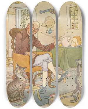 Triptych art skateboard deck of Leonard Leslie Brooke There Was A Crooked Man by Leonard Leslie Brooke (1862-1940)