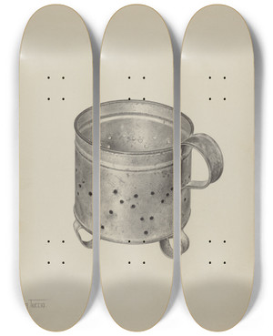 Triptych art skateboard deck of Amelia Tuccio Pa German Cheese Strainer by Amelia Tuccio (20-)