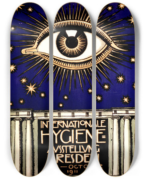 Triptych art skateboard deck of Franz Von Stuck Internationale Hygieneausstellung by Franz Von Stuck (1863-1928)