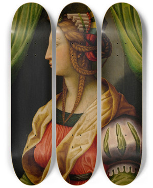 Triptych art skateboard deck of Antonio Di Donnino Del Mazziere Profile Of Awoman A Testa Ideale by Antonio di Donnino del Mazziere (1490-1547)